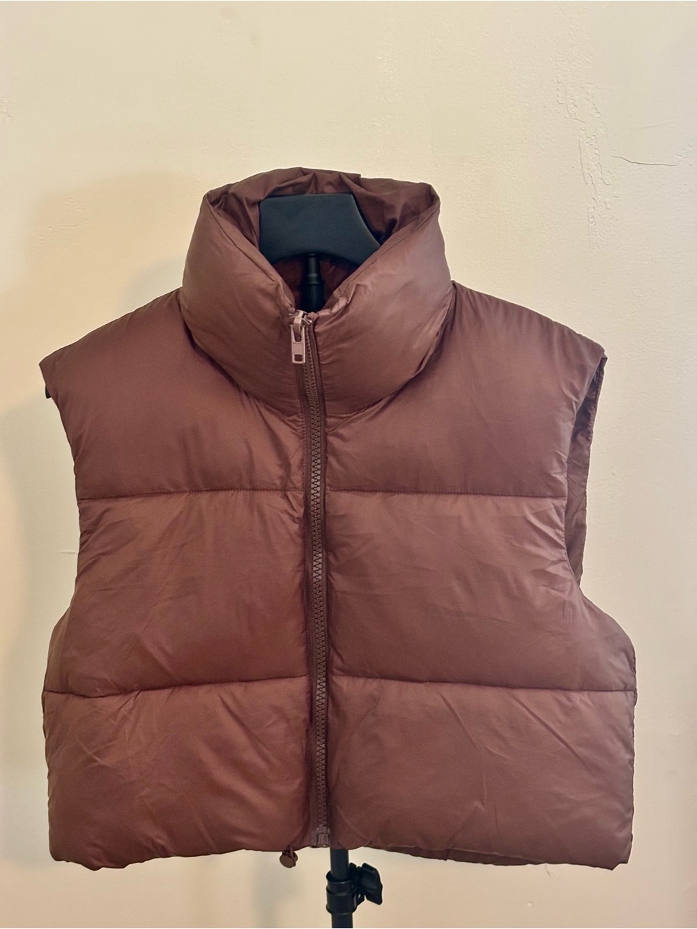 Brown Cropped Puffer Vest Stand Collar Zip Up Bubble Gilet